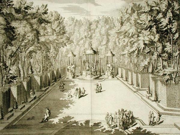 حمامات أبولو ، فرساي ، من "Les Plans ، Profiles et Elevations des Ville et Chateau de Versailles" ، المنشور حوالي عام 1715 (نقش) بواسطة المدرسة الفرنسية