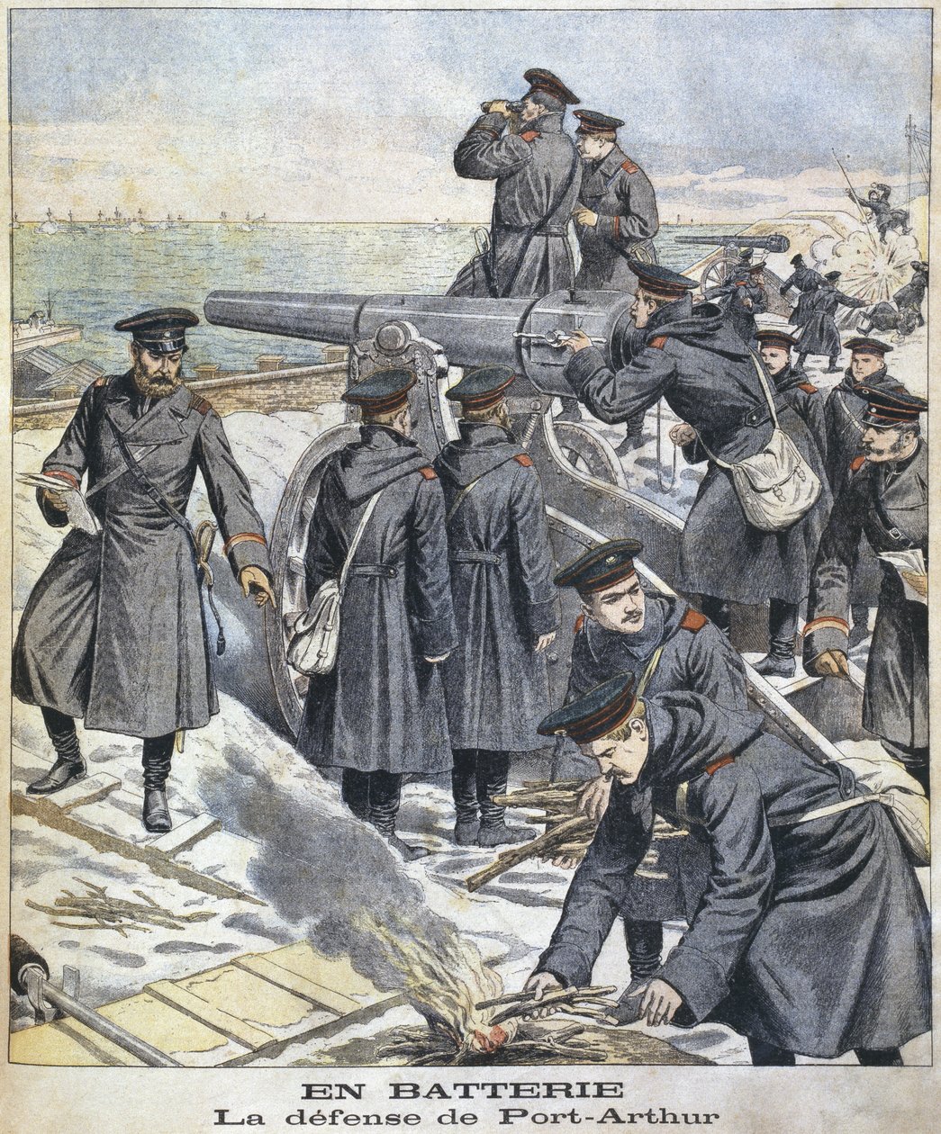 البطارية ، الدفاع عن بورت آرثر ، رسم توضيحي من le Petit Journal: Supplement Illustre ، 27 مارس 1904 بواسطة المدرسة الفرنسية