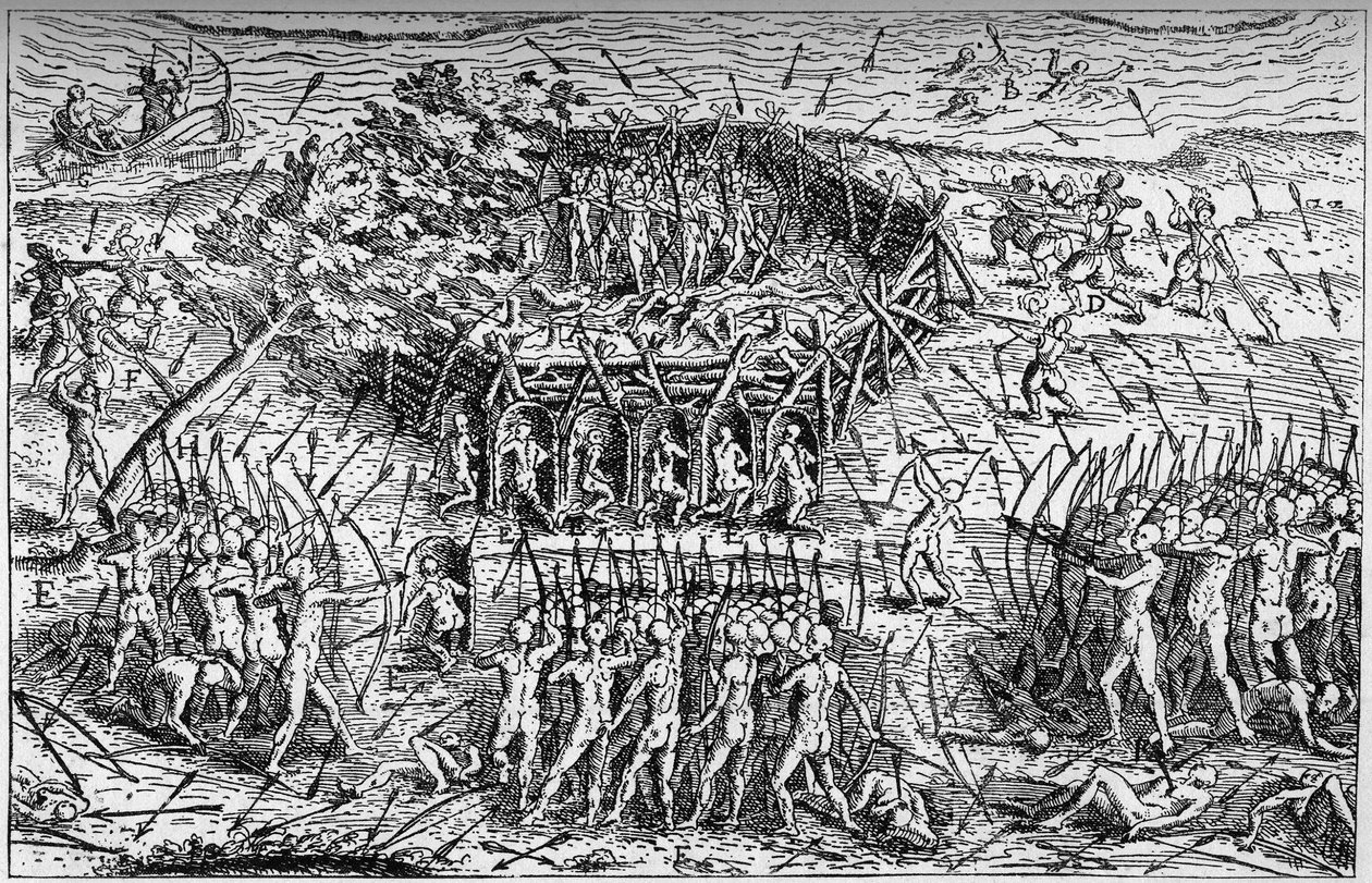 معركة بين جيش صموئيل دي شامبلان الفرنسي (حوالي 1567-1635) والإيروكوا. كندا ، أوائل القرن السابع عشر. نقش في "La Marine et les Colonies: Commerce" بواسطة المدرسة الفرنسية