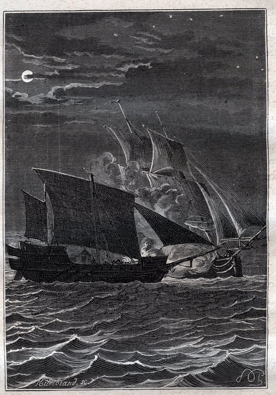 معركة السنونو ومبارو ماليزي: سفينة السنونو التابعة لفيليب كارتريت أو فيليب دي كارتريت (1733-1796) قاتلت مع سفينة قرصنة ماليزية في المياه الإندونيسية عام 1767 - رسم توضيحي من "البحارة العظماء في القرن الثامن عشر" بواسطة المدرسة الفرنسية