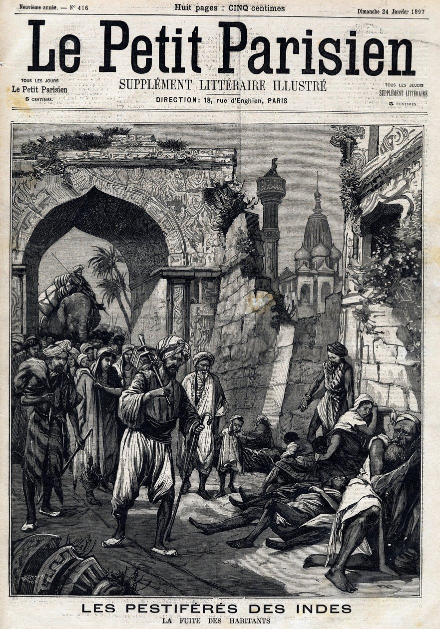 الهند المنكوبة بالشواطئ ، السكان يلجأون للوباء قبل أن يصابوا بالموت الأسود. الصفحة الأولى من جريدة Le petit Parisien الإنجليزية. 24 يناير بواسطة المدرسة الفرنسية