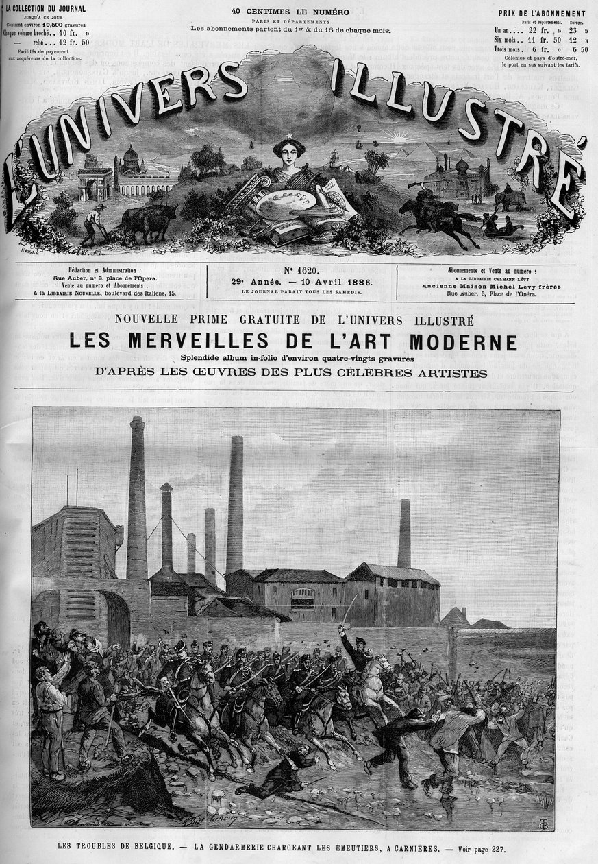 إضراب العمال البلجيكيين: الشرطة تحمّل الدراجين في كارنيريس. جريدة. نقش في "" Le Monde Illustré "" بواسطة المدرسة الفرنسية