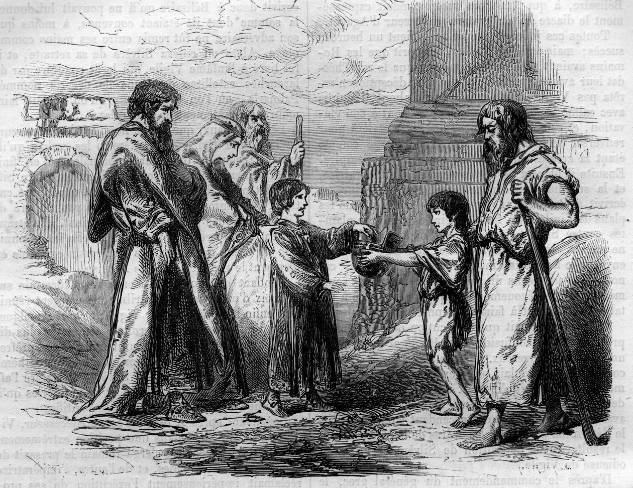 بليزير (آية ٥٠٠-٥٦٥) أعمى ويتوسل بأمر من جستنيان ، الذي أعطى له الذهب وأرض البيع. نقش في "Histoire des Papes-Rois-Queen و Empereurs a travers les years" بقلم موريس لاشاتر بواسطة المدرسة الفرنسية