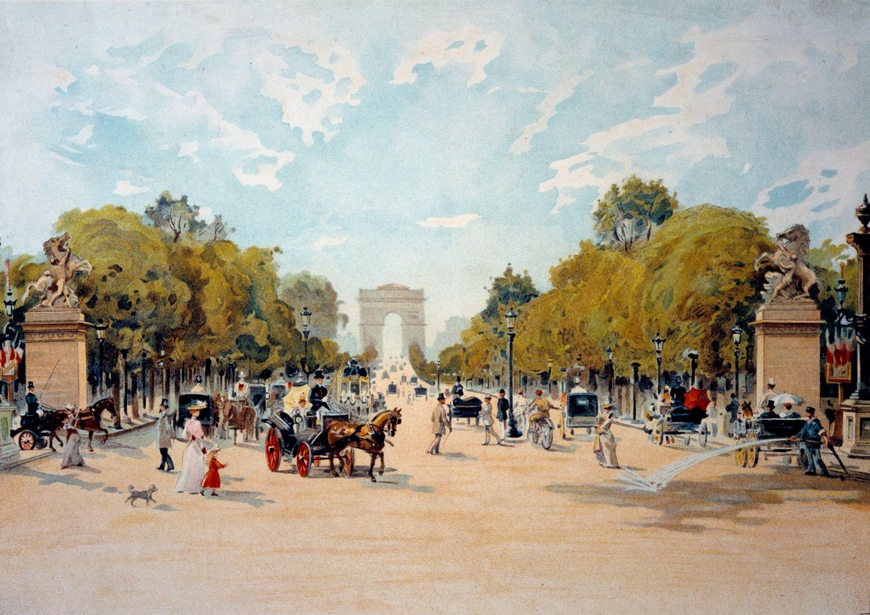 Belle Epoque: منظر لشارع الشانزليزيه وقوس النصر في باريس. لوحة مائية مجهولة من عام 1895. باريس ، فنون زخرفية بواسطة المدرسة الفرنسية