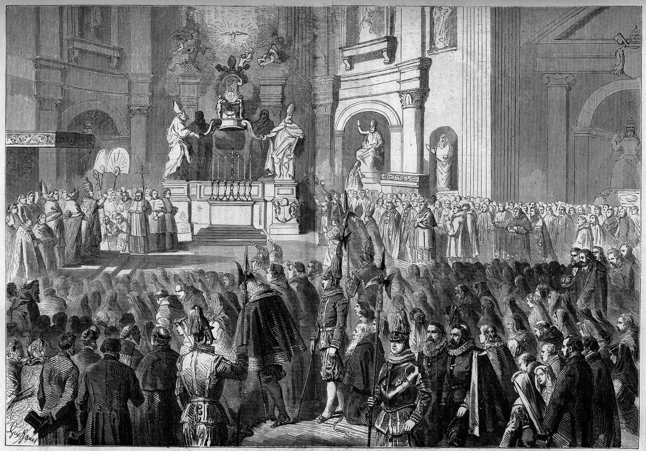 صلاة البابا بيوس التاسع (1792-1878) على مذبح منبر كنيسة القديس بطرس في روما ، بعد الترميم. مذبح بني بين عامي 1656 و 1658 من قبل جيانلورنزو بيرنيني (برنيني بواسطة المدرسة الفرنسية