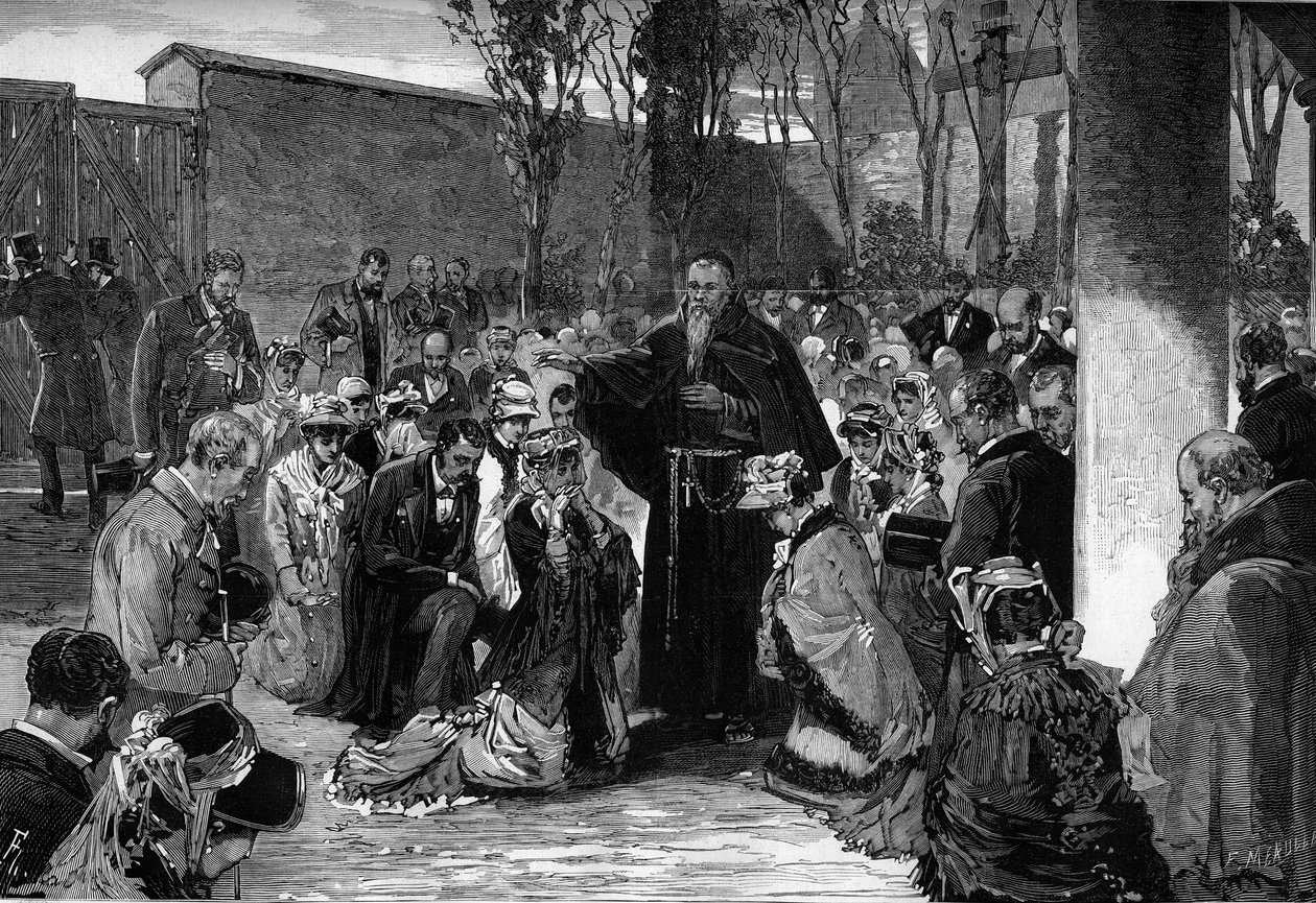 دعوة المؤمنين في محكمة Capuchins في شارع de la Sante في باريس في 30 أكتوبر 1880 ، قبل طردهم بعد المراسيم الصادرة في مارس 1880 التي أصدرها Jules Ferry ، والتي ألغت الحق في تعليم أعضاء الديانة غير المرخص لهم بواسطة المدرسة الفرنسية