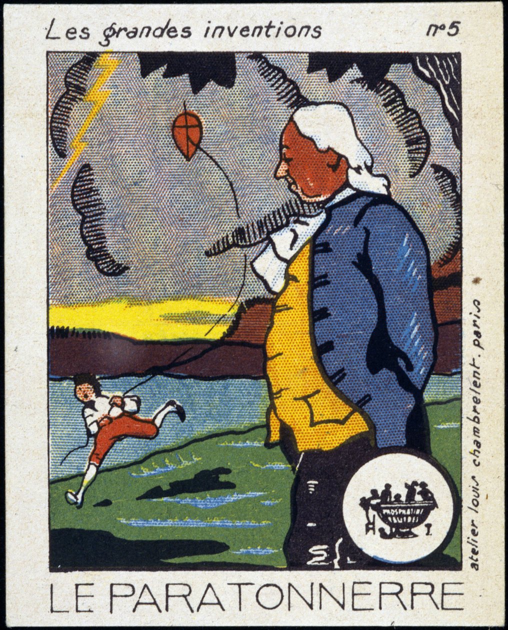 Benjamin Franklin, American politician and physicist (1706-1790) and the lightning rod (the experience of the kite) - Label, Deb. 20th century بواسطة المدرسة الفرنسية