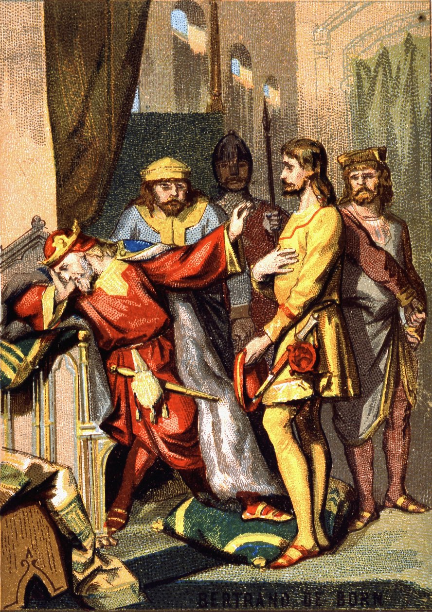 برتران (برتراند) دي بورن (1140 - 1215) تروبادور بيريغوردين ، لورد أوتفور ، قبل هنري الثاني (1133 - 1189) ملك إنجلترا. الطباعة الحجرية الملونة من سلسلة "" التربية الوطنية من خلال الصورة "". بواسطة المدرسة الفرنسية