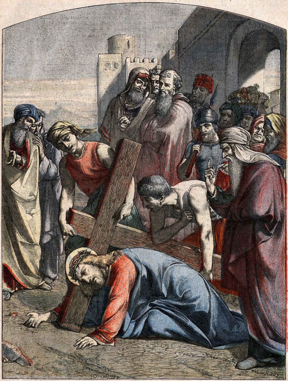 مشهد الكتاب المقدس - طريق الصليب: يسوع يسقط للمرة الأولى. نقش في "" Le Pelerin "في 3 مايو بواسطة المدرسة الفرنسية