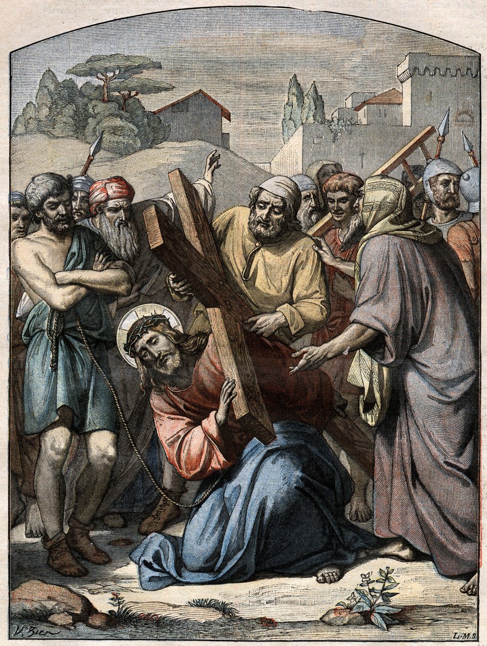 مشهد الكتاب المقدس - طريق الصليب: يسوع يساعد سمعان القيرواني (القيرواني). نقش في "" Le Pelerin "بتاريخ ١٣ سبتمبر ١٨٩٦. بواسطة المدرسة الفرنسية