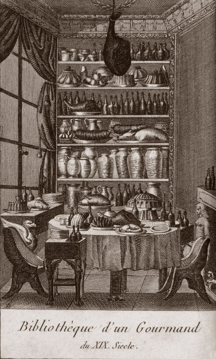 Bibliotheque d'un gourmand du القرن التاسع عشر - نقش في "Almanach des gourmands ، بمثابة دليل في طرق جعل العزيزة ممتازة. بواسطة أحد الهواة القدامى "" بقلم ألكسندر بالتازار لوران جريمود دي لا رينير - 1804-1812 بواسطة المدرسة الفرنسية