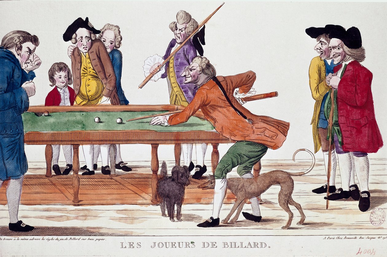 Billiards players (thermidor of the year 8 of the revolutionary calendar) (1800). Cartoon. Colour engraving of the French school of the revolutionary period. Paris, Musee Carnavalet بواسطة المدرسة الفرنسية