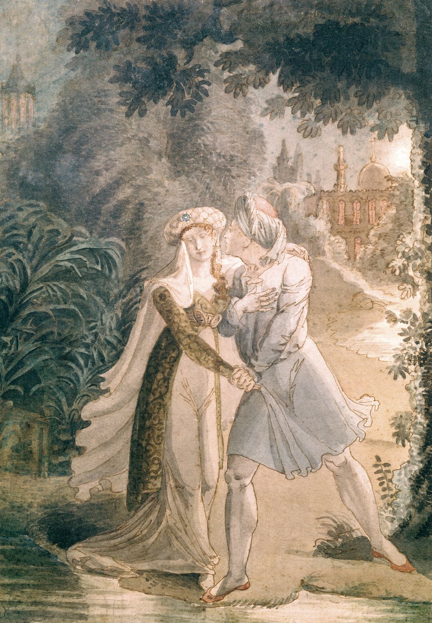 بلانكا وأبون هاميت في حدائق قصر الحمراء ، من "Le Dernier des Abencerages" من قبل فرانسوا رينيه (1768-1848) Vicomte de Chateaubriand (قلم وحبر ومرحاض على ورق) بواسطة المدرسة الفرنسية