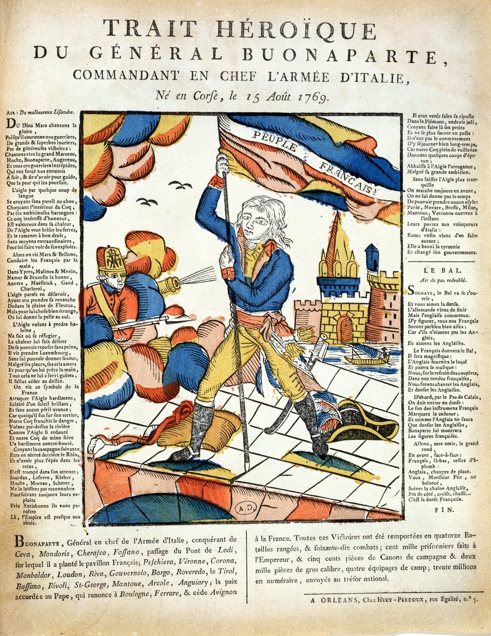 بونابرت (1769-1821) يزرع العلم الفرنسي على جسر لودي ، 10 مايو ، 1796 من LImagerie Populaire بواسطة PLDuchartre و R. Saulmier بواسطة المدرسة الفرنسية