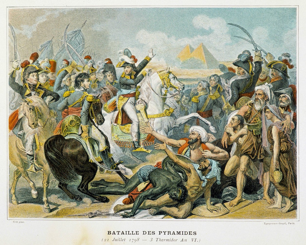 Bonaparte (centre) and his troops during the Battle of the Pyramids on 21 July 1798. بواسطة المدرسة الفرنسية