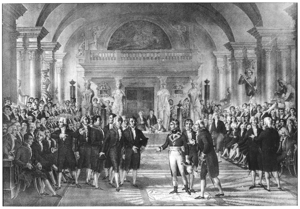 بونابرت ، القنصل الأول (1769-1821) يزور أعضاء أكاديمية العلوم في متحف اللوفر ، أوائل القرن التاسع عشر بواسطة المدرسة الفرنسية