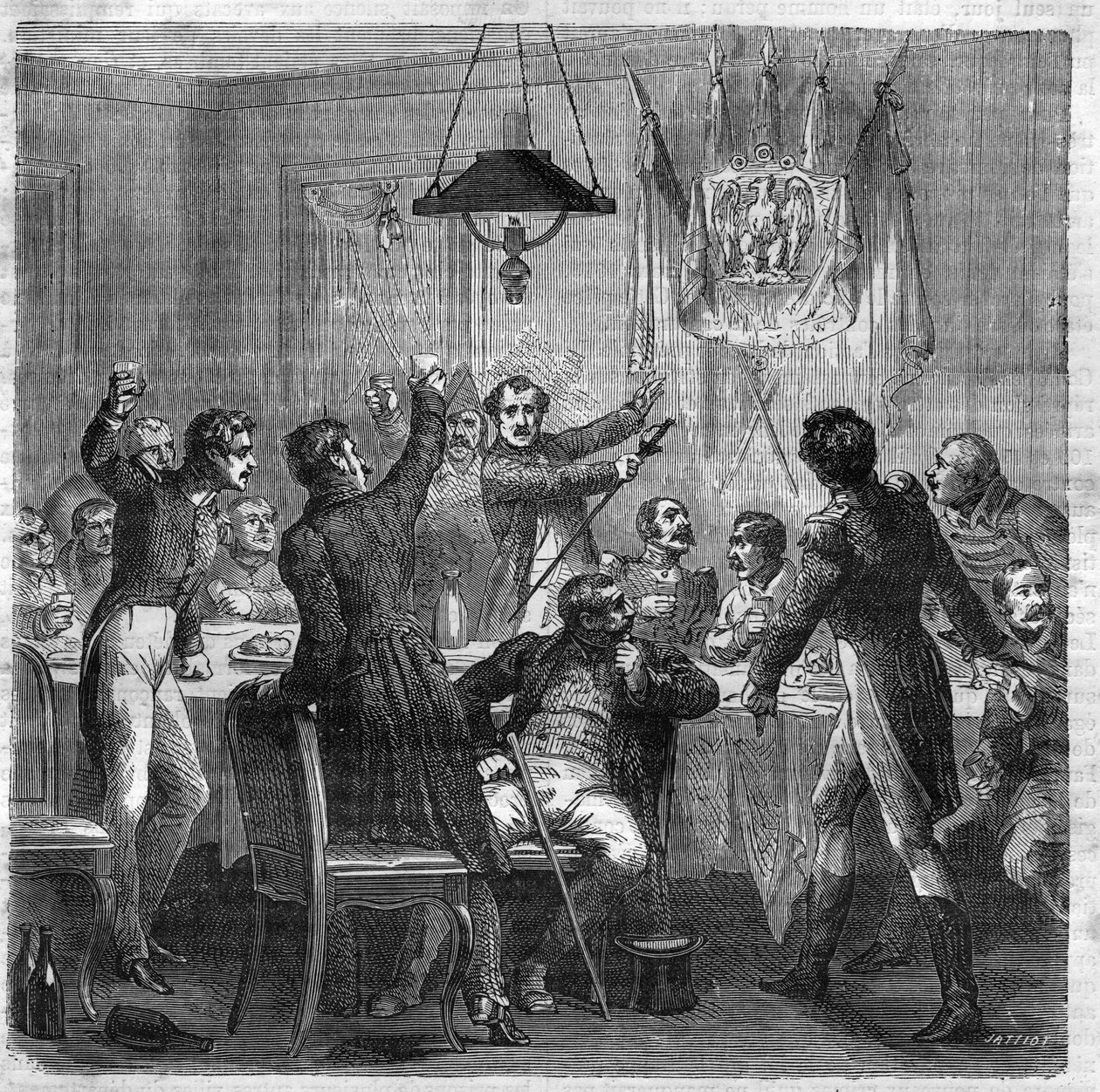 مأدبة بونابرتية تحت الترميم بين سقوط الإمبراطورية الأولى في 6 أبريل 1814 وثورة الثلاثة المجد في 29 يوليو 1830. نقش في "Histoire des Papes-Rois-Queen and Empereurs a travers les years" بقلم موريس لاتشات بواسطة المدرسة الفرنسية