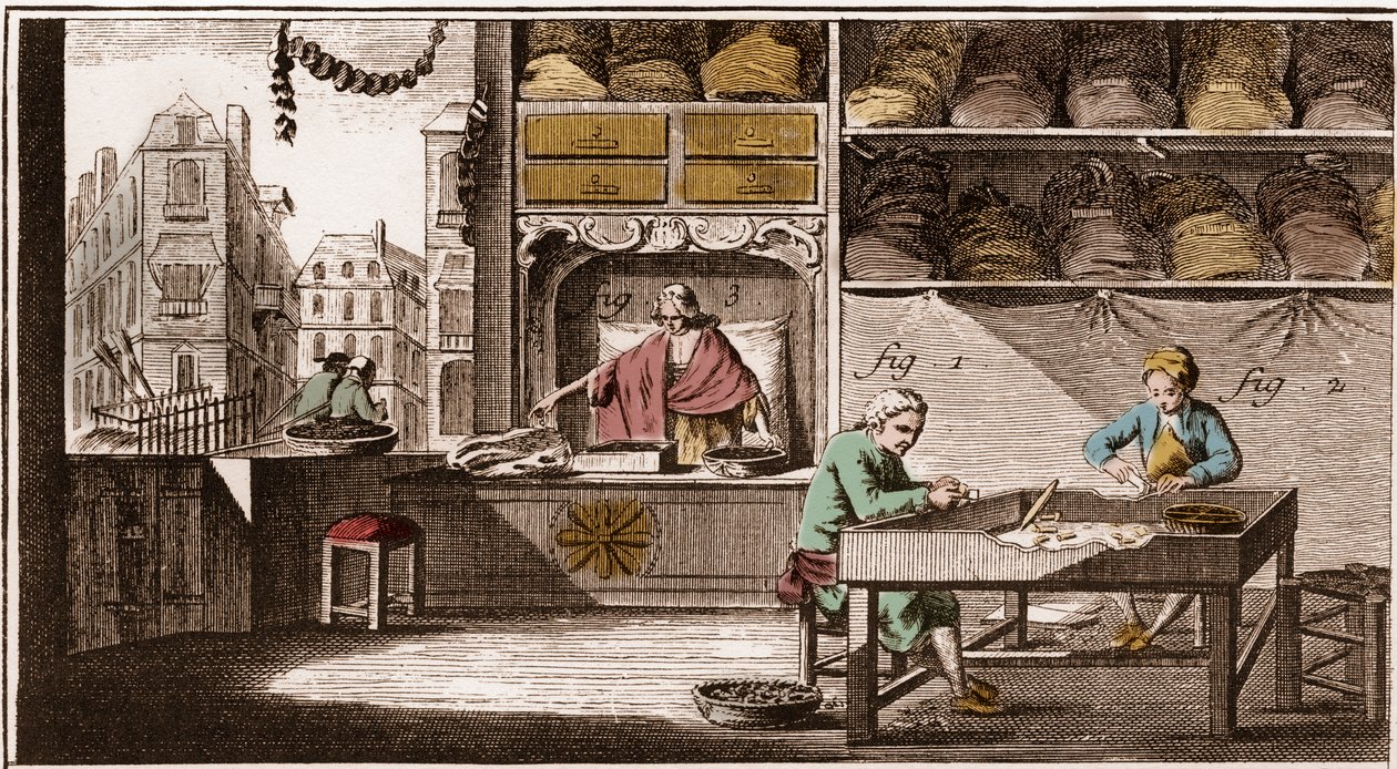Bouchonnier ، تصنيع سدادات الفلين - "" La Grande Encyclopedie، ou Dictionnaire Raisonne des Sciences، des Arts et des Metiers "(موسوعة أو قاموس العلوم والفنون والمهن) بقلم دينيس ديدرو (1713-1784) وجان دالمبيرت (1717 بواسطة المدرسة الفرنسية