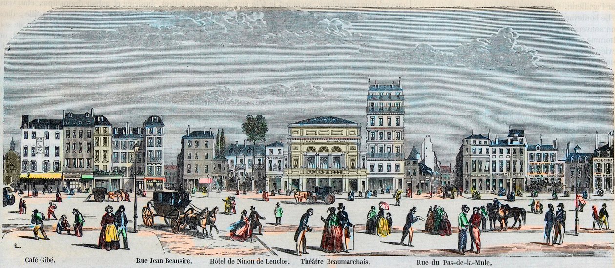 Boulevard Beaumarchais cote sud - Cafe Gibe - Hotel de Ninon de Laclos - مسرح Beaumarchais - Rue pas de la mule - نقش في "Tableau-de-Paris" بواسطة Edmond Texier 1852 بواسطة المدرسة الفرنسية