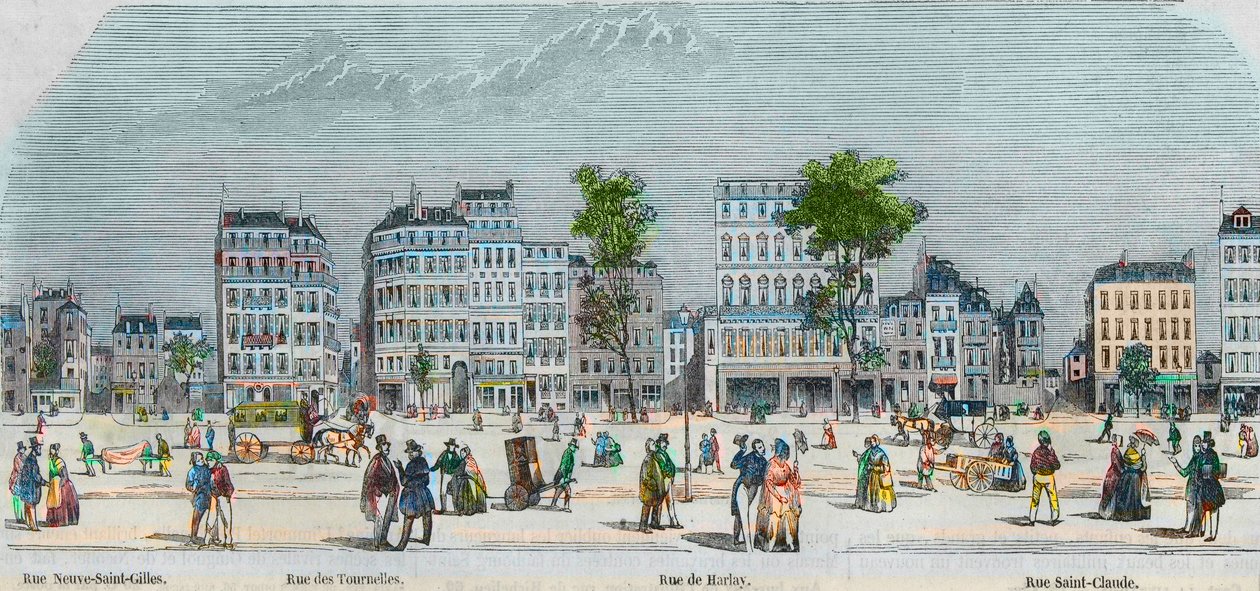 Boulevard Beaumarchais الساحل الجنوبي - شارع Neuve-Saint-Gilles - Rue des Tournelles - Rue de Harlay - Rue Saint-Claude - نقش في "Tableau-de-Paris" بواسطة Edmond Texier 1852 بواسطة المدرسة الفرنسية