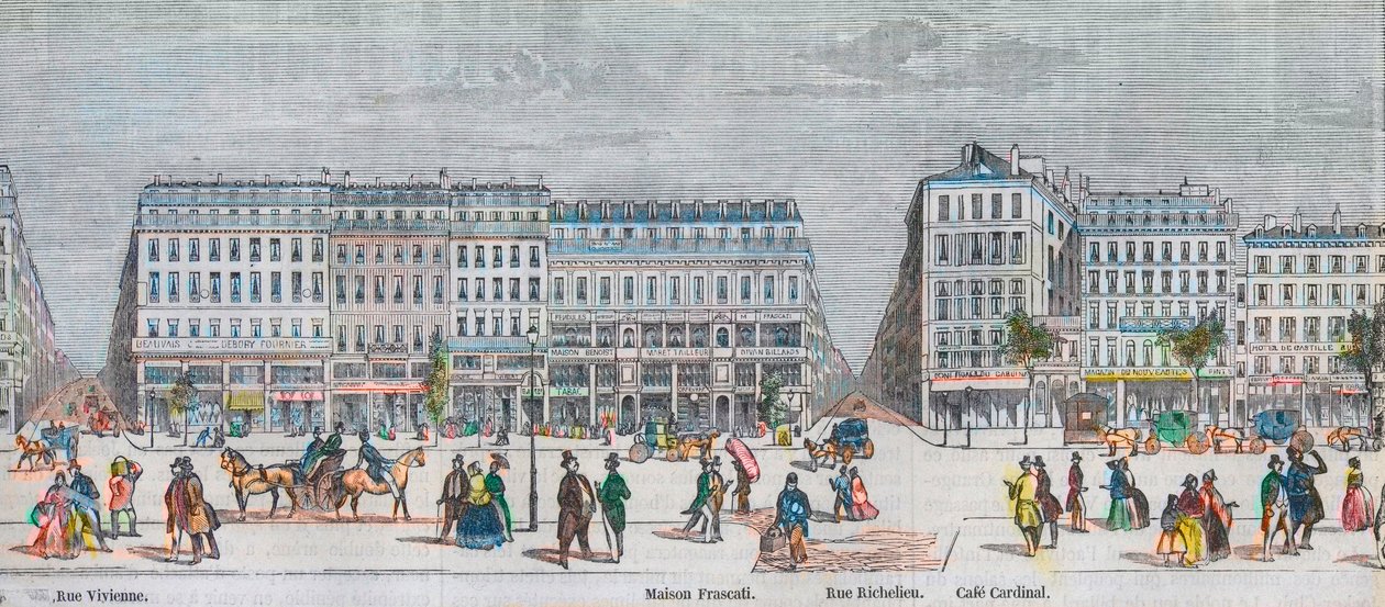 بوليفارد مونمارتر الجانب الجنوبي و Boulevard des Italians الجانب الجنوبي - شارع Vivienne - Maison Frascati - شارع Richelieu - مقهى كاردينال - نقش في "Tableau-de-Paris" بواسطة Edmond Texier 1852 بواسطة المدرسة الفرنسية