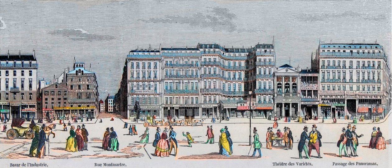 Boulevard Poissonniere و Boulevard Montmartre - بازار الصناعة - شارع Montmartre - Theatre des Varietes et passage des Panoramas - نقش في "Tableau-de-Paris" بواسطة Edmond Texier 1852 بواسطة المدرسة الفرنسية