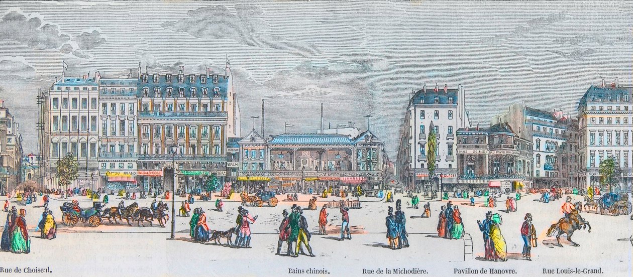 Boulevard des Italians الجانب الجنوبي وشارع Capucines الجنوبي - شارع de Choiseul - الحمامات الصينية - شارع de la Michodiere - Pavillon de Hanover - شارع Louis-le-Grand - نقش في "Tableau-de-Paris" بواسطة Edmond Texier 1852 بواسطة المدرسة الفرنسية