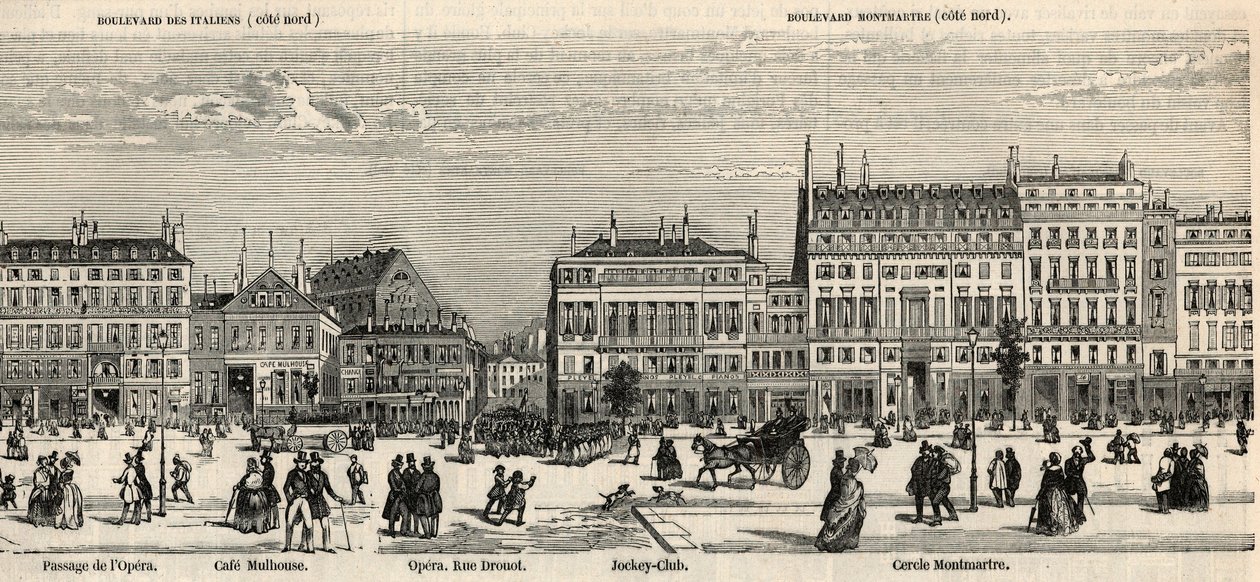 Boulevard des Italiens و Boulevard Montmartre - Cafe Mulhouse - Cercle Montmartre - Jockey club - النقش في "Tableau-de-Paris" بواسطة Edmond Texier 1852 - بواسطة المدرسة الفرنسية
