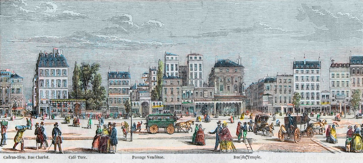 Boulevard du Temple South Coast - Rue Charlot - Cafe Turk - Passage Vendome - Rue du Temple - النقش في "Tableau-de-Paris" بواسطة Edmond Texier 1852 بواسطة المدرسة الفرنسية