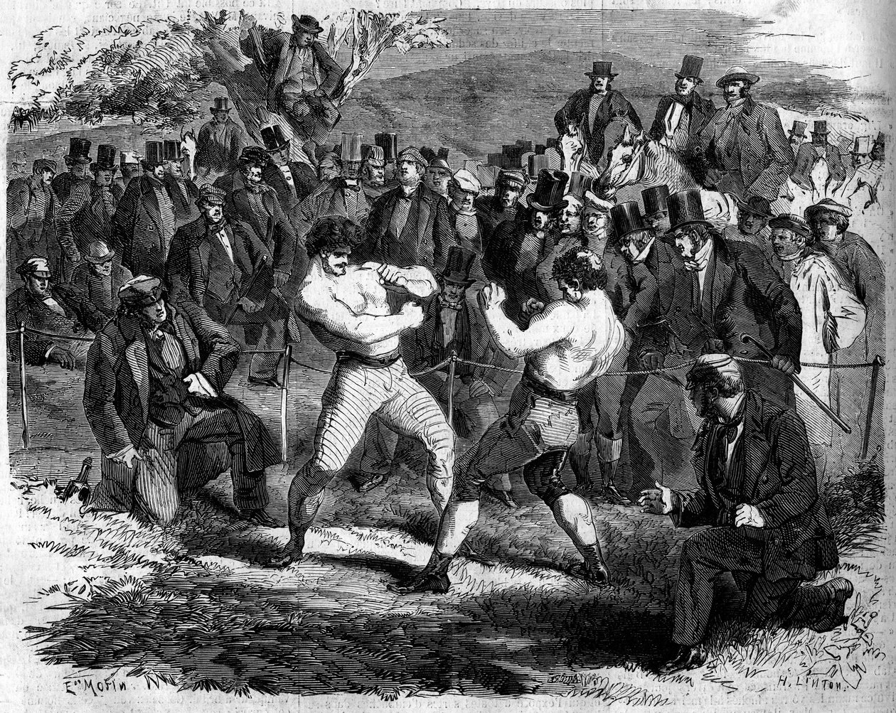 قتال ملاكمة بين الإنجليزي توماس سايرز (1826-1865) والأمريكي جون كارمل هينان (1833-1873) في ألدرشوت ، إنجلترا ، 17 أبريل بواسطة المدرسة الفرنسية