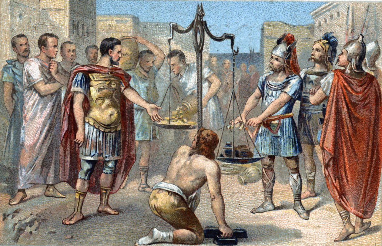 برينوس زعيم قبيلة الغال من سينون يلفظ Vae victis (ويل للمهزومين!) ويرمي سيفه الثقيل في هضبة المقياس ، مما يوازن الجزية الذهبية التي طالب بها الرومان لرفع حصار Ca بواسطة المدرسة الفرنسية