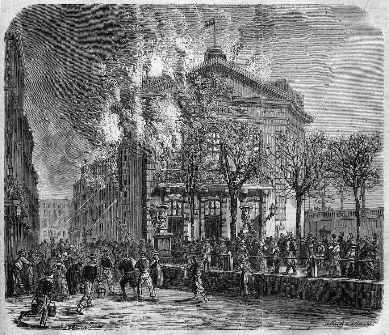بريست ، حريق المسرح في 11 مارس 1866 ، بناه تشوكوارت دي ليندو عام 1766 ، نقش بعد رسم لكليرجت ومورين وبعد صورة للأخوين ماجى ، في "الكون المصور" ، 24/03/1866. بواسطة المدرسة الفرنسية