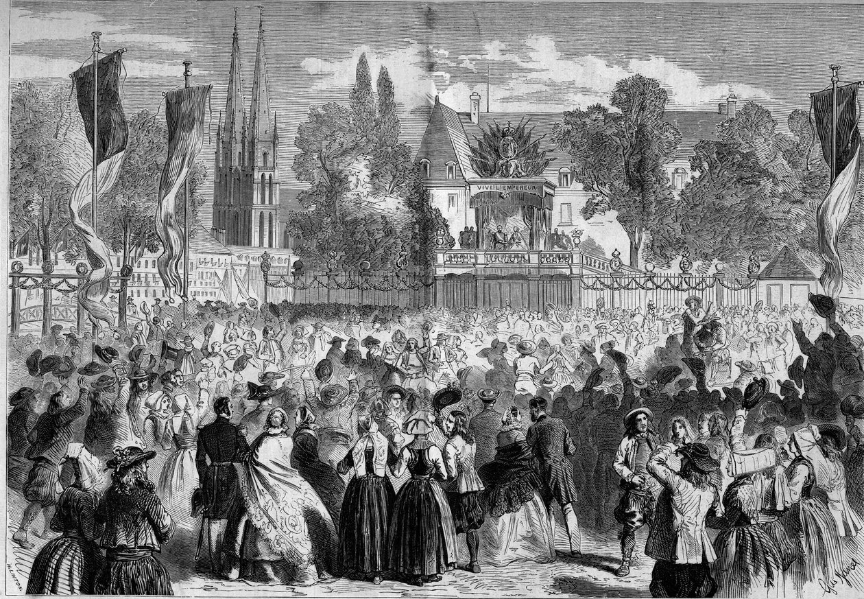 بريتون بول في ساحة المعركة في كيمبر (فينيستير ، 29) بحضور نابليون الثالث (1808-1873) والإمبراطورة أوجيني (1826-1920). نقش في "" Le Monde Illustré "" رقم 72 بتاريخ 28 أغسطس بواسطة المدرسة الفرنسية
