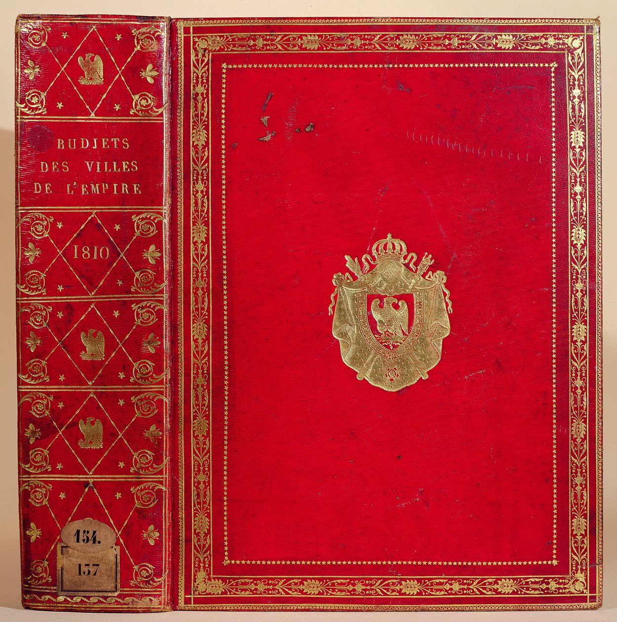 ميزانيات المدن في الإمبراطورية الفرنسية ، مقيدة بشعار نابليون بونابرت (1769-1821) 1810 (جلد مغربي أحمر وذهبي) (انظر أيضًا 165117) بواسطة المدرسة الفرنسية