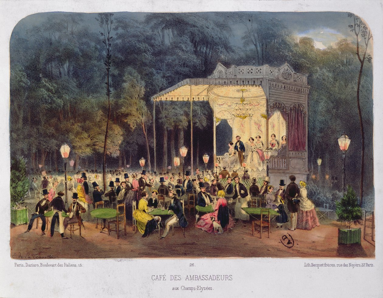 Cafe des Ambassadeurs، Champs-Elysees، c.1850 بواسطة المدرسة الفرنسية