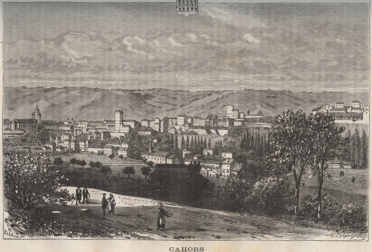 Cahors - Lot - Midi-Pyrenees - نقش في "فرنسا اللامعة: الجغرافيا والتاريخ والإدارة الإحصائية" بقلم VA Malt-Brown. 1884 بواسطة المدرسة الفرنسية
