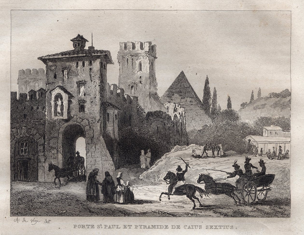 هرم كايوس سيستوس وبوابة القديس بولس في روما Porte Saint Paul وهرم Caius Sextus a Rome - نقش من "" إيطاليا الخلابة "" - رسم تاريخي ووصفي لإيطاليا "" بقلم M. de Norvins ، الفصل. نودير 1834-1836. بواسطة المدرسة الفرنسية
