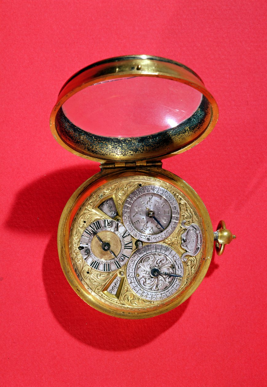 ساعة التقويم ، c.1690 (نحاس مطلي بالذهب) بواسطة المدرسة الفرنسية