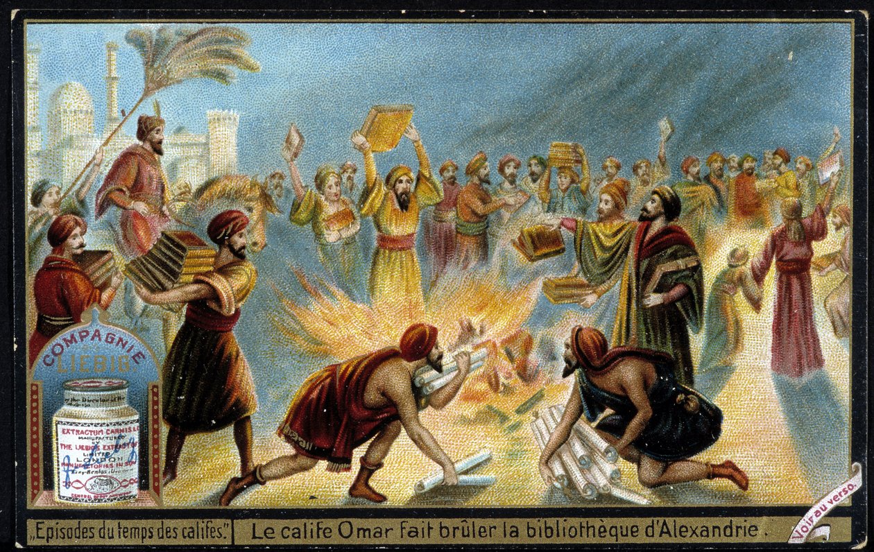 Caliph Omar burns the library of Alexandria - Liébig advertising vignette بواسطة المدرسة الفرنسية