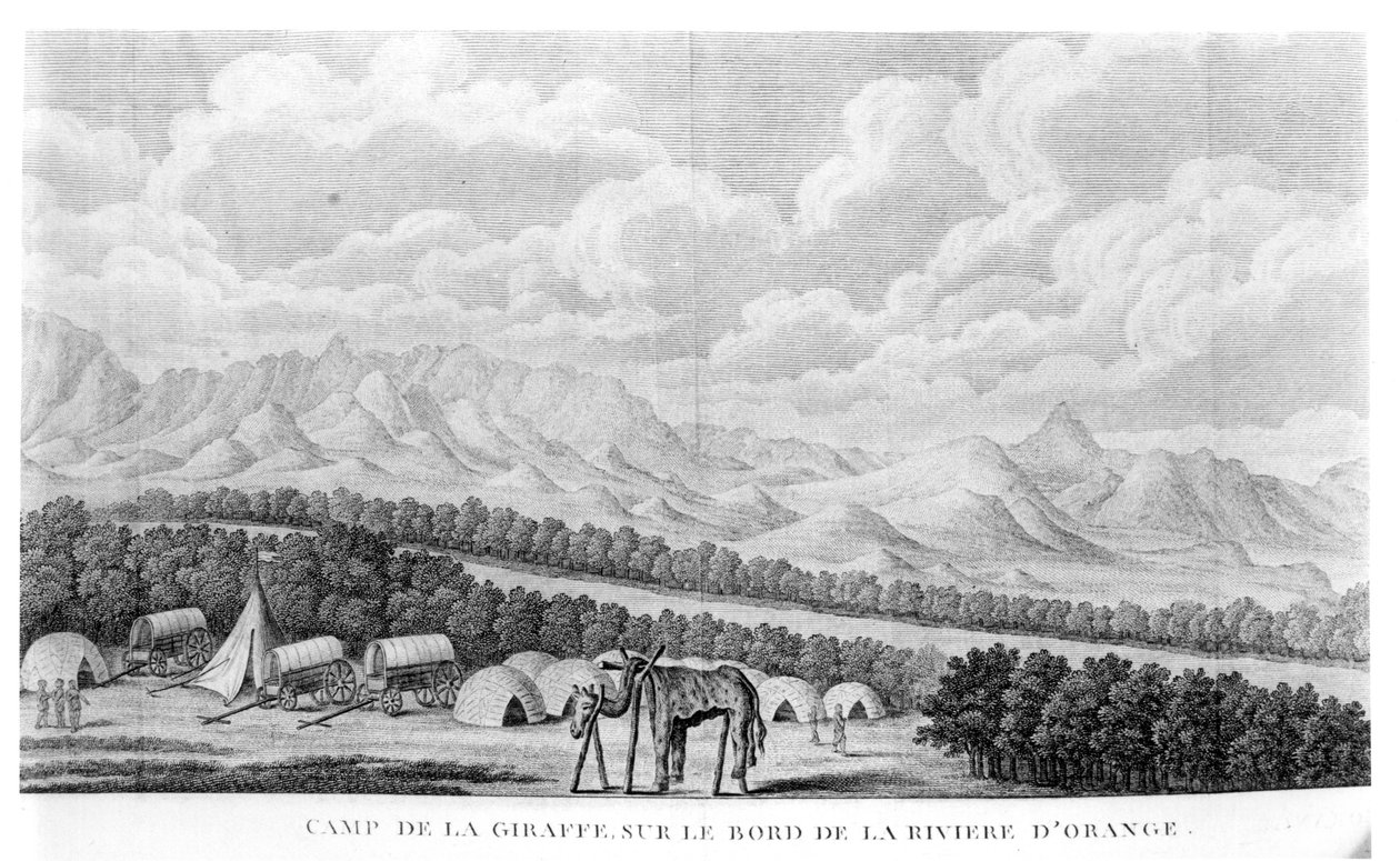 كامب الزرافة على ضفاف نهر أورانج ، من المجلد 2 من Second Voyage dans linterieur de lAfrique بقلم فرانسوا لو فايلانت (1753-1824) تم نشره عام 1796 بواسطة المدرسة الفرنسية