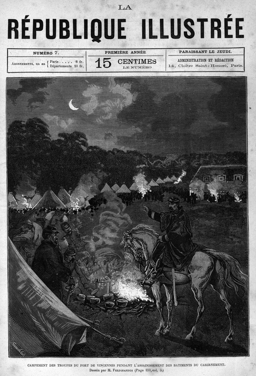 معسكر لقوات Fort de Vincennes أثناء تنظيف مباني الإيواء. جريدة. نقش من عام 1880 في المجموعة الخاصة "La republique illustree". بواسطة المدرسة الفرنسية