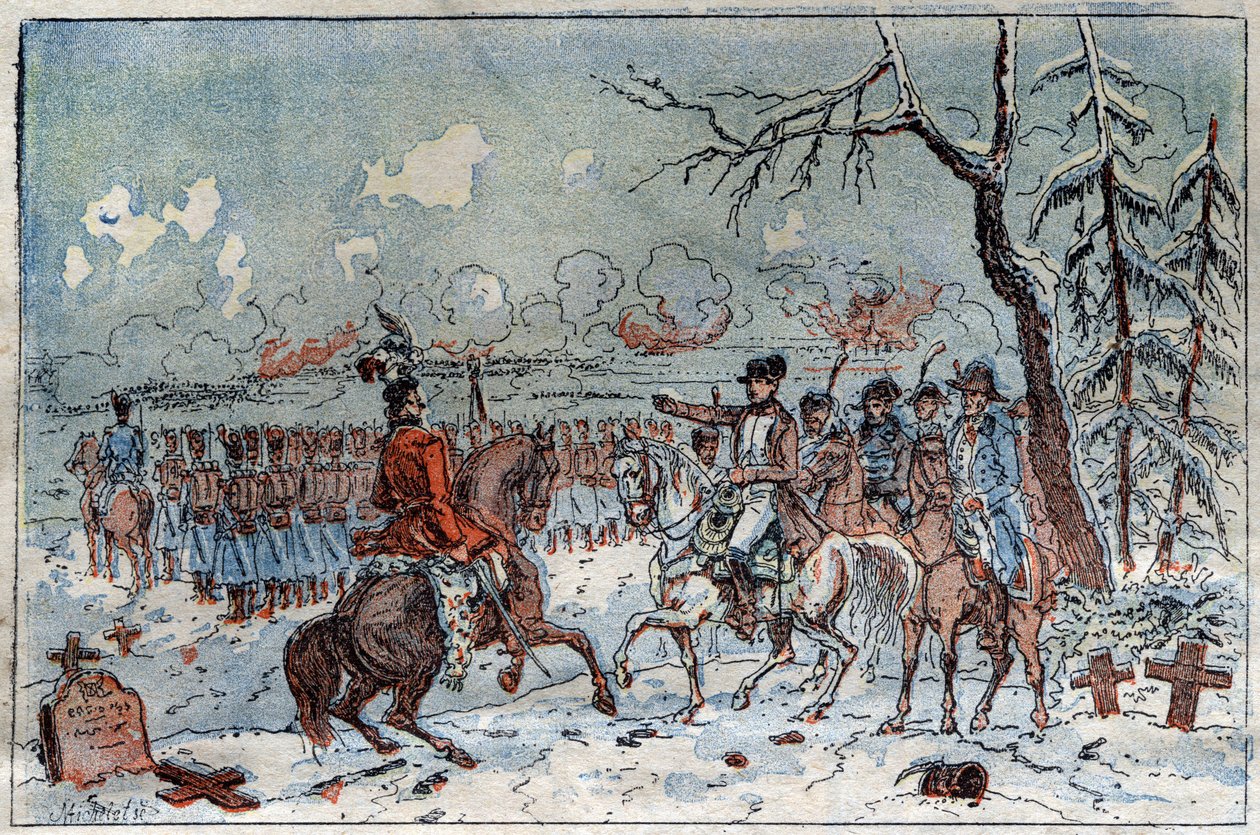 حملة بروسيا وبولندا (1806-1807): أمر نابليون الأول (1769-1821) في ساحة معركة إيلاو في 8/2/1807 مورات بصد سلاح الفرسان الروسي. نقش القرن التاسع عشر. بواسطة المدرسة الفرنسية