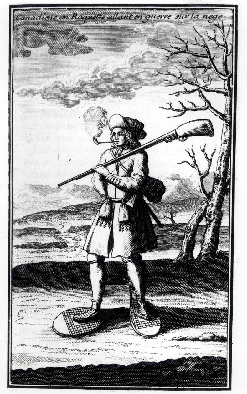 كندي مع حذاء ثلجي يذهب إلى الحرب على الثلج ، من Histoire de lAmerique septentrionale بواسطة Bacqueville de La Potherie (1663-1736) نشر في 1753 بواسطة المدرسة الفرنسية