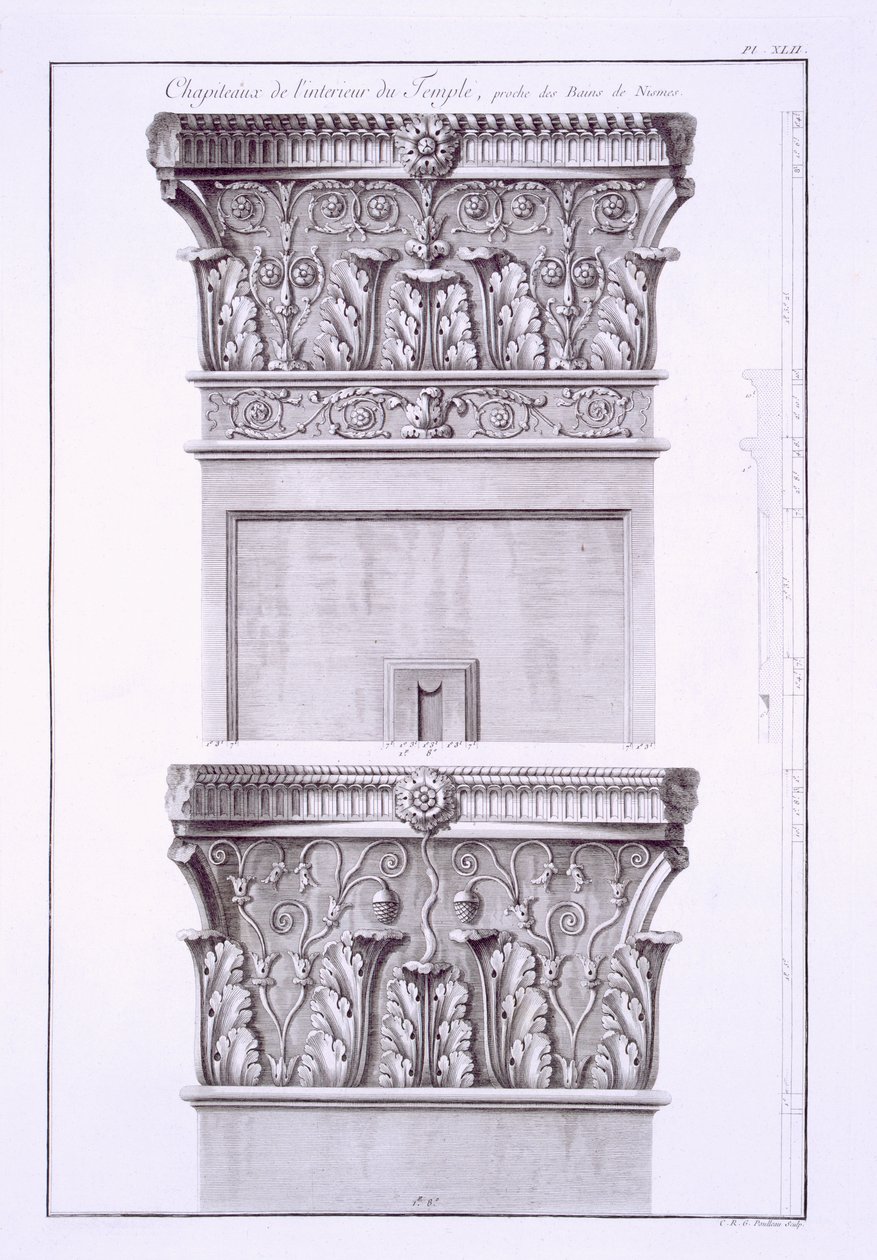 عواصم من المعبد بالقرب من الحمامات الرومانية ، نيم ، من Antiquites de la France: Vol I ، Monuments de Nimes بواسطة المدرسة الفرنسية