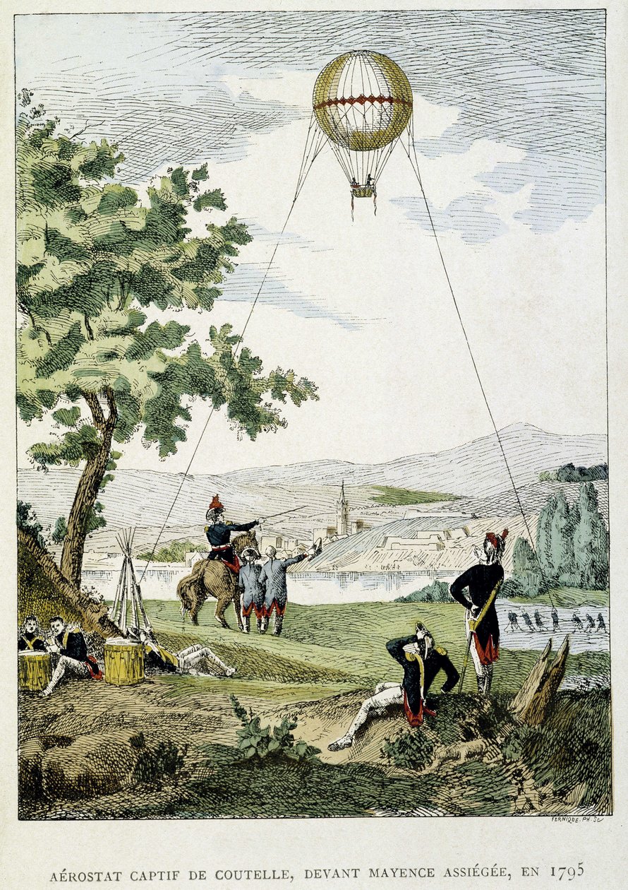Captive aerostat by Jean Marie Joseph (Jean-Marie-Joseph) Coutelle (1748-1835), before Mainz assiegee بواسطة المدرسة الفرنسية