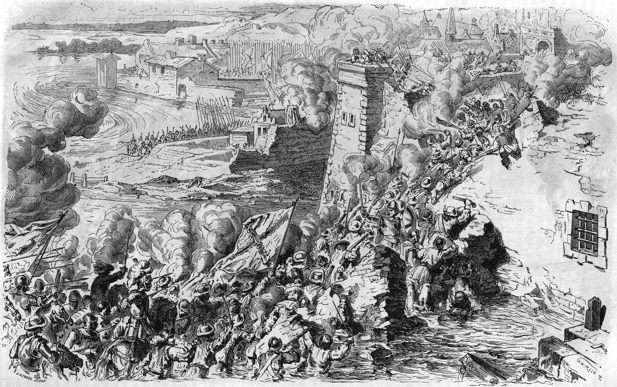 تم الاستيلاء على Lagny بواسطة Farnese في عام 1590 ، بعد نقش قديم. في "" التاريخ الشعبي في فرنسا "، sd. حوالي عام 1885. نقش. بواسطة المدرسة الفرنسية