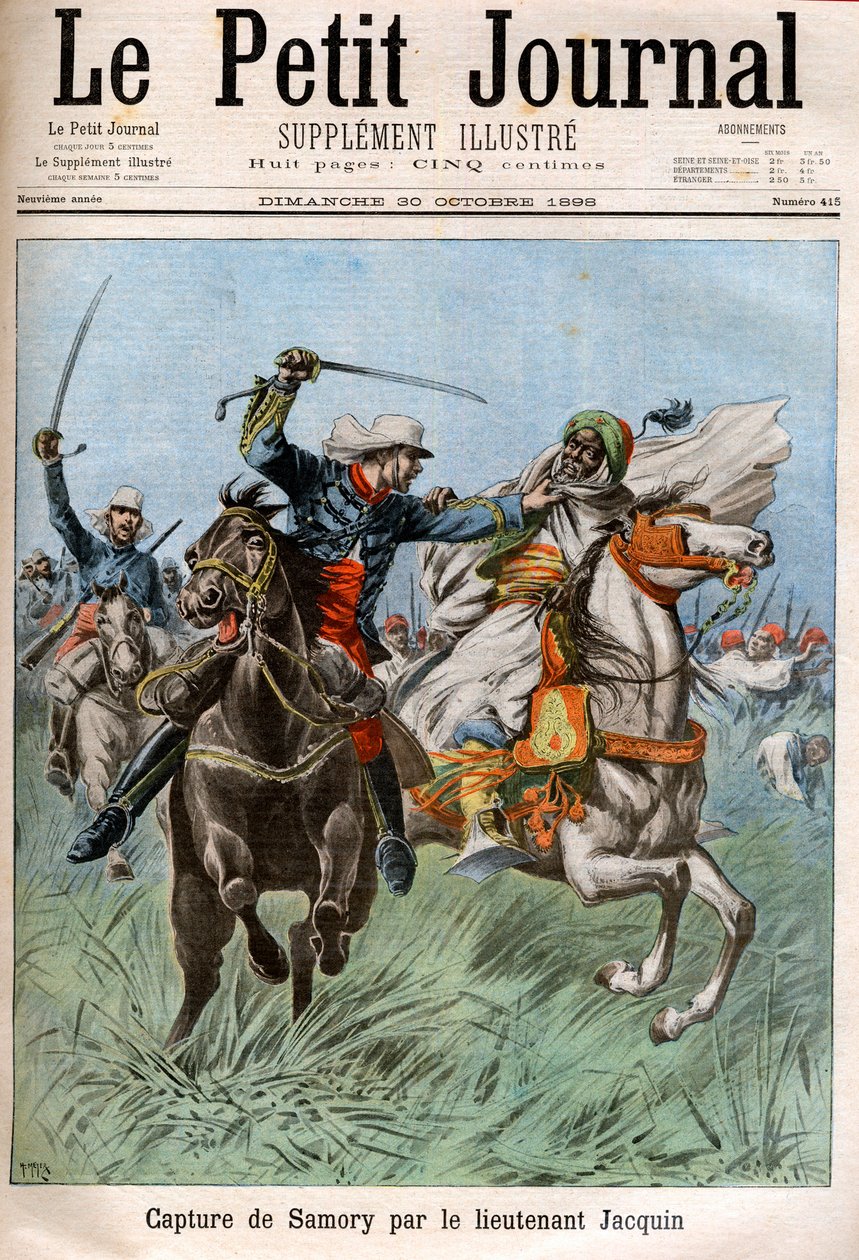 القبض على ساموري توري (حوالي 1830-1900) ، الزعيم السوداني والمعارض للاستعمار الفرنسي في إفريقيا ، بواسطة النقيب غورو والملازم جاكين. السودان بواسطة المدرسة الفرنسية
