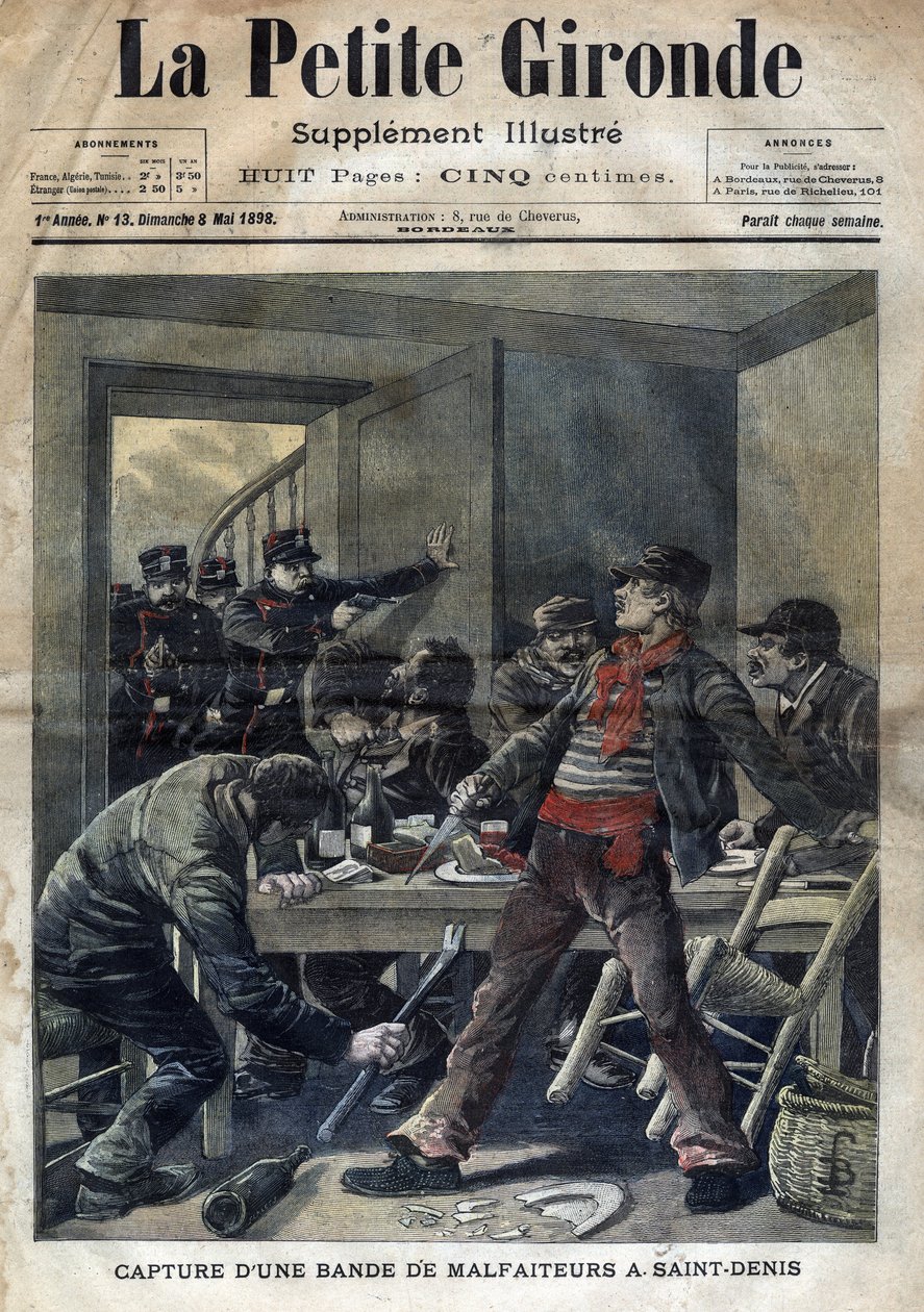 القبض على عصابة من المجرمين في سان دوني (سانت دينيس) في عام 1898. غلاف "لا بيتيت جيروند" في 8 مايو بواسطة المدرسة الفرنسية