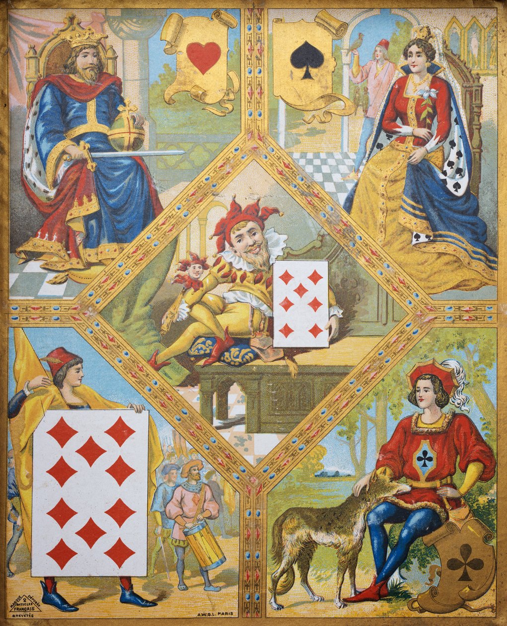 Card game, plate with King of hearts, Queen of Spades, Ten of diamonds and Jack of clubs, dwarf Lindoro with Seven of diamonds in centre, France بواسطة المدرسة الفرنسية