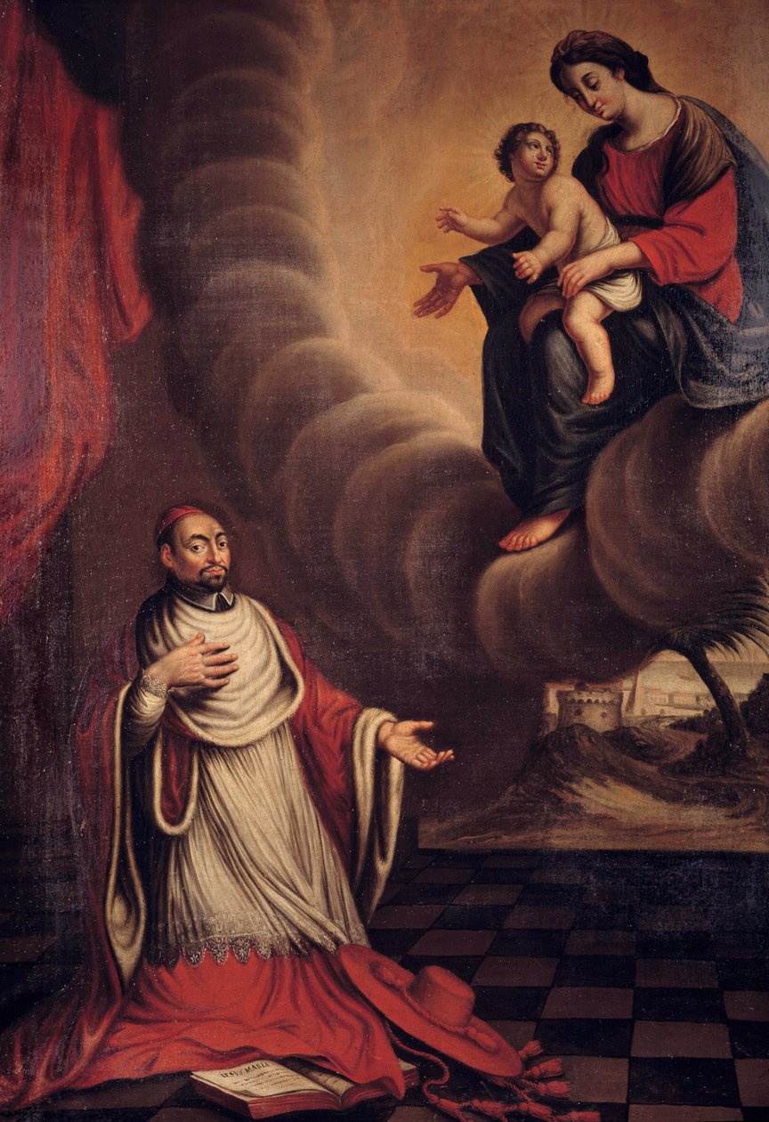 Cardinal Berulle (1575-1629) kneels before the Virgin Painting of the French School. 17th century Private Collection بواسطة المدرسة الفرنسية